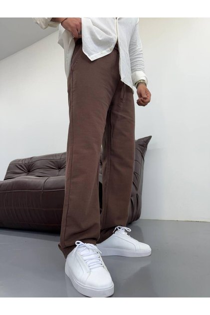 Men's Brown Elastic Waist Baggy Fit Linen Trousers