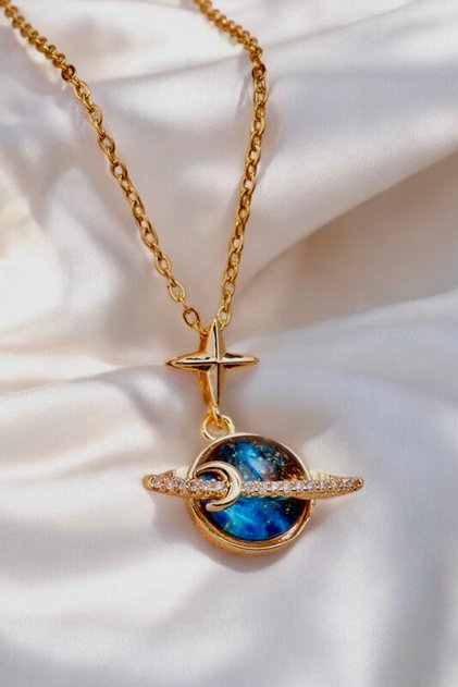 The Magnificence of Jupiter Crescent Detailed Gold Color Steel Necklace