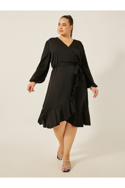 Plus Size Balloon Sleeve Wrap Midi Dress