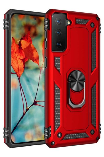 Galaxy S21 Case with Ring Magnetic Vega Cover Red + Glass Screen Protector
