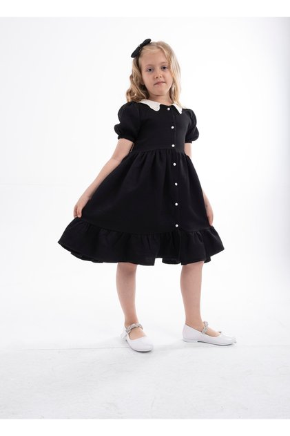 Wednesday Ready-Made Collar Vintage Children's Dress-Short Sleeve-Black