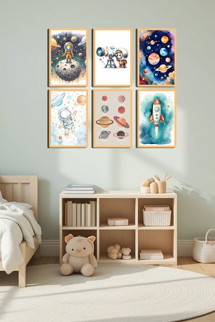 Sevimli Astronot Ay Uzay Temalı 6 lı Tablo Set Bohem Çocuk Odası Dekoru (Puzzle Hediyeli)