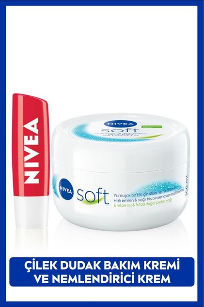 Soft Krem 300ml ve Çilek Nemlendirici Dudak Bakım Kremi 4.8gr, Hafif Kırmızı Işıltı, Doğal Yağlar