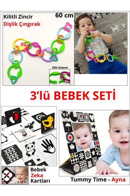 3' Lü Bebek Gelişim Seti - Tummy Time Ayna Zeka Kartları Çok Amaçlı Zincir Oyun Halkası