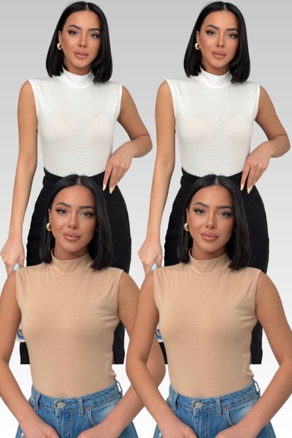 Women's 2 White 2 Cream 4-Piece Sleeveless Bodysuit Zero Sleeve High Neck Stretchy Bodysuit