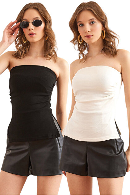 Women's Black Ecru 2 Pack Stretchy Strapless Blouse with Side Slits Blz- 19002863