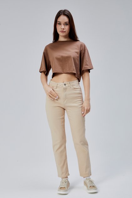 Camel Beige High Waist Lycra Stretchy Mom Jeans