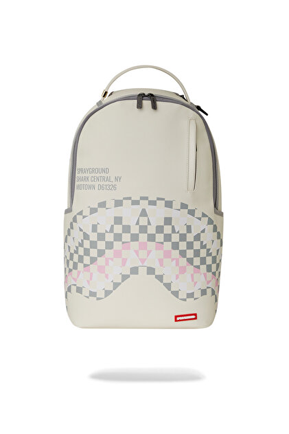 Sprayground Krem Kareli Shark Central Sırt Çantası, Suya Dayanıklı