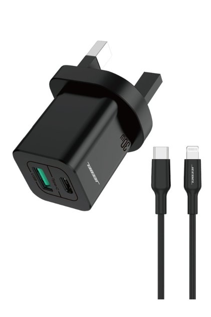 | شاحن حائط 45 واط USB-C PD + USB QC3.0 مع كابل MFi Lightning أسود