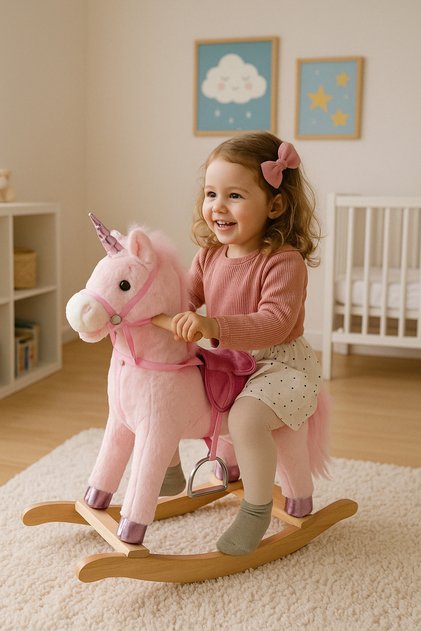 Unicorn Sallanan At | Ahşap Ayaklı Müzikli 65 cm | Çocuklar İçin Yumuşak ve Güvenli Eğlence