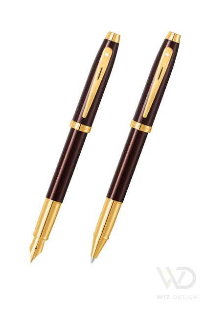 Wizdesign 100 Series Fountain Pen + Roller Pen Brown Gold Set with Special Gift Box