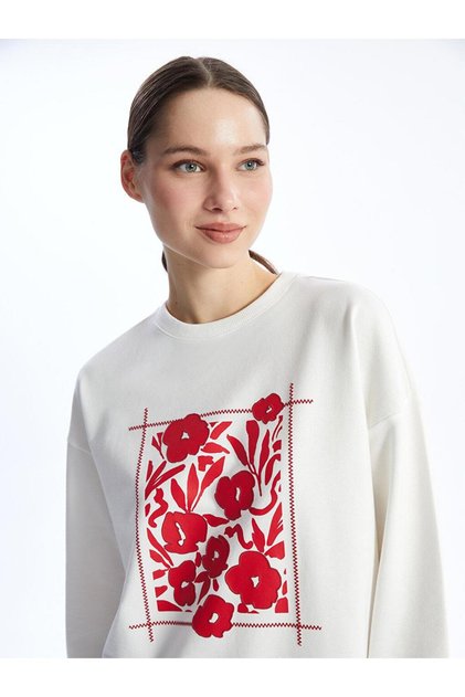Ecru Crew Neck Printed Long Sleeve Women's Sweatshirt Tunic
