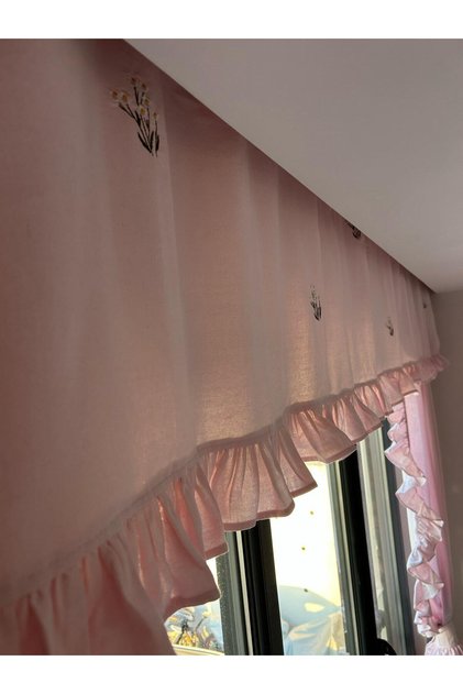 Daisy Embroidered Pink Vintage Cotton Linen FARBELA Curtain (HEIGHT X WIDTH) Unpleated