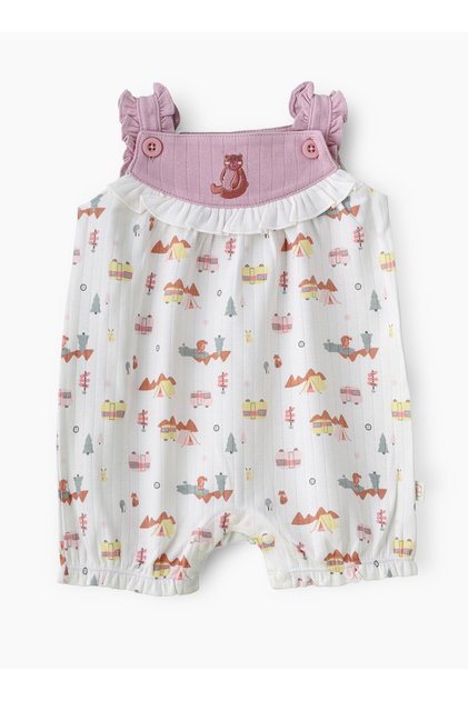 Girls' Printed Sleeveless Romper with Fox Yoke and Ruffle Trim