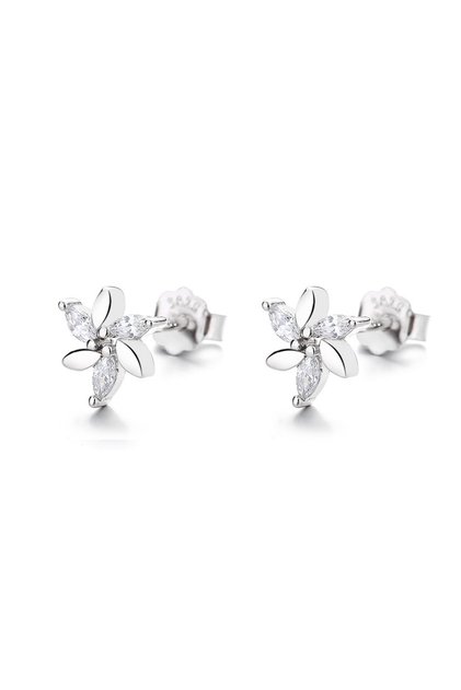 Cercei Stud Floare 5 Petale Argint 925 Zirconii Marquise Albe Placat Rodiu JW816