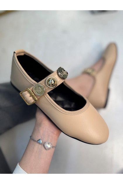 Daily Women's Beige Babet Pearl Banded Adjustable Buckle Oval Toe Lightweight Comfortable Shoes 379