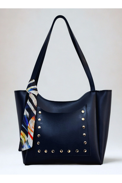 Women's Navy Blue Shopper Hand and Shoulder Bag with Front Pocket, Studded Scarf, Zipper and Snap Closure