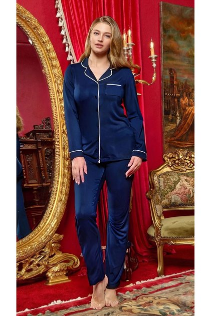 25526 Women's Navy Blue Short Sleeve Front Buttoned Shirt Viscose Pajamas