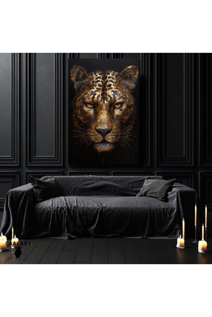 Tekli Dikey Kanvas Duvar Tablosu Şık Gold Siyah Leopar