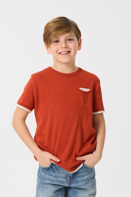 Boy's Pocket Detailed Crew Neck Summer Knitwear T-Shirt 100% Cotton