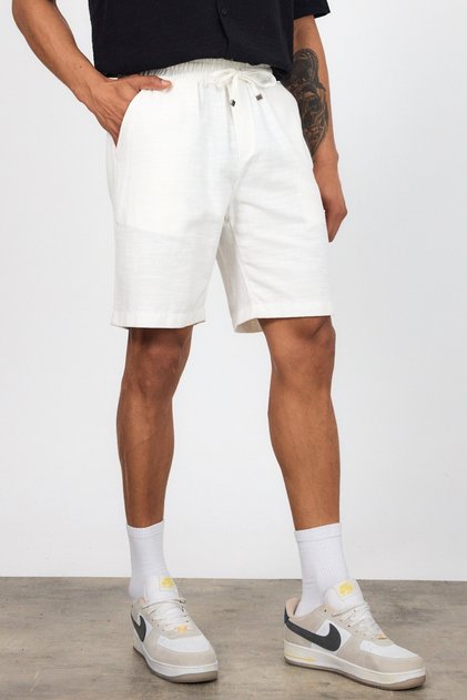 Men's Elastic Waist White Linen Shorts Ls-93099