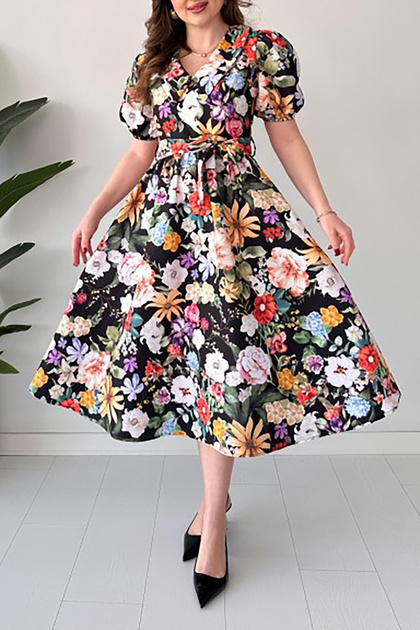 Women's Sash Poplin Fabric Print Dress Nbmy3467
