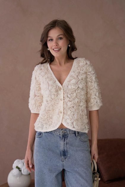 Rose Detail Buttoned Full Tulle Blouse