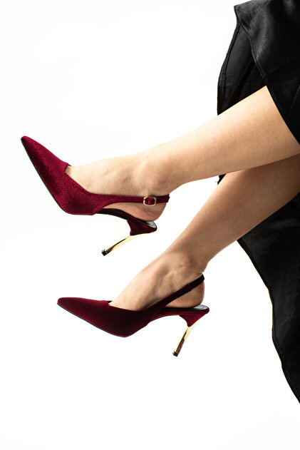 Güllü Shoes Burgundy Velvet Gold Heeled Stiletto | Stylish Evening Dress  Thin Heeled Women's Shoes