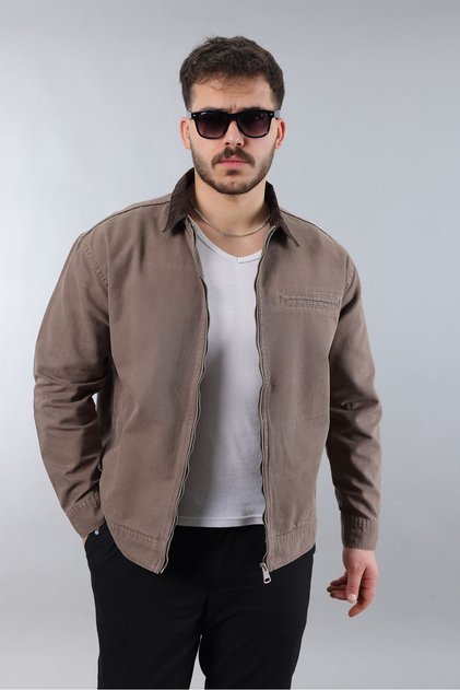 Men's Regular Fit Collar Garni Zippered Mink Denim Jacket