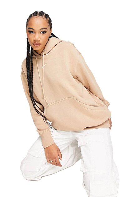 nike mini swoosh oversized sweatshirt in earth brown