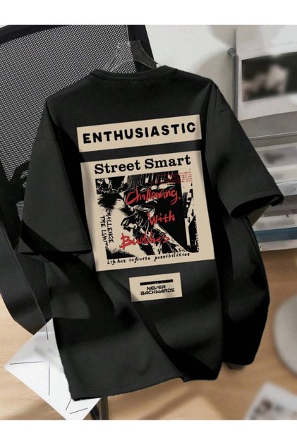Unisex Erkek/Kadın STREET Özel Baskılı Oversize Pamuklu Bisiklet Yaka T-Shirt