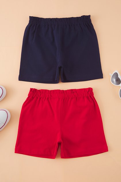 Red-Navy Blue 2-Piece Girls' 100% Cotton Printed Elastic Knitted Shorts Tkdss25Sr00024