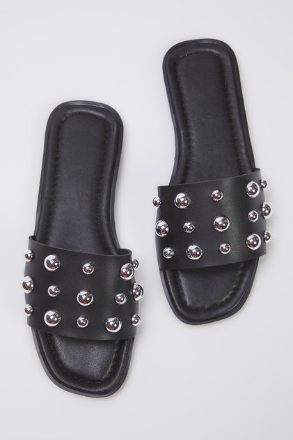 Papuci eleganți de damă, negri, cu pietre argintii, model TAKSS25TE00013