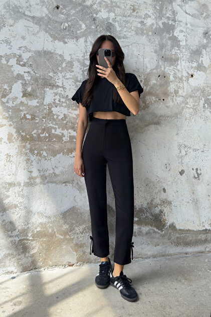 Black Cigarette Hem Woven Trousers with Bow Detail TWOSS25PL00090