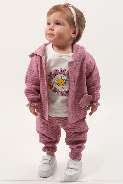 Pastel Colored Muslin 3-Piece Baby Set (9-12-18 Months) 100% Cotton Cardigan Baby Girl Set