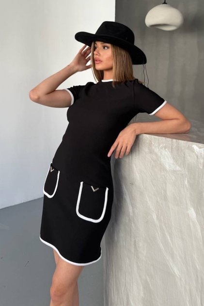 Women's Short Sleeve Ottoman Fabric Short Dress with Bias and Accessories Ornamental Pocket