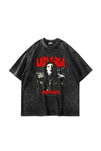 Fuddy Moda Oversize Mayhem Lady Gaga Baskılı Yıkamalı T-Shirt