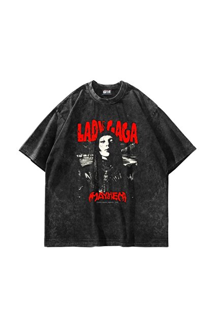 Sekizbiraltı Lady Gaga Baskılı Oversize Unisex Siyah Tshirt
