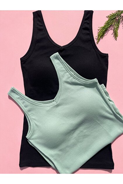 Women's 2-Piece Modal Camisole Tank Top Set – Wide Straps, Back Detail, Fixed Padding (Green & Black)