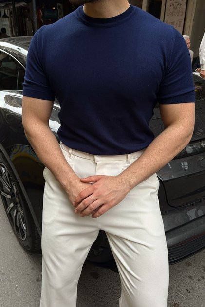 Kama Men's Crew Neck Cotton Regular Fit Short Sleeve Navy Blue Thin Knitwear T-Shirt