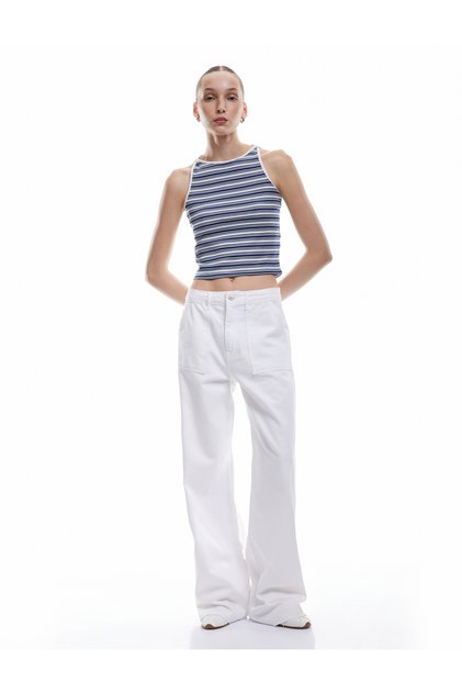 Sleeveless Crew Neck Striped Viscose Blended Blouse