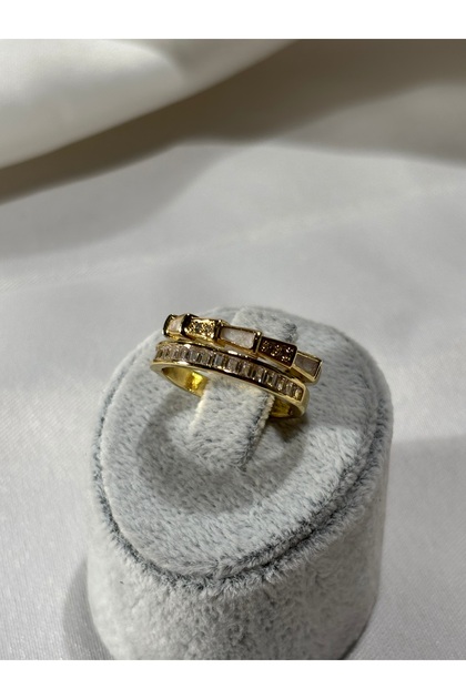 Zirkon taşlı iki sıralı ayarlanabilir gold çelik yüzük