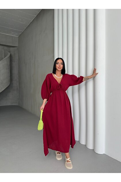 BEJNA Women's Burgundy V-Neck Muslin Summer Dress with Lacing Detail-  Trendyol