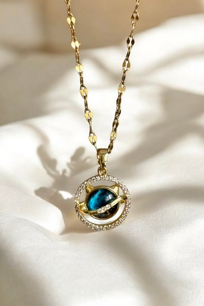 The Magnificence of Space Jupiter Zircon Stone Gold Steel Necklace