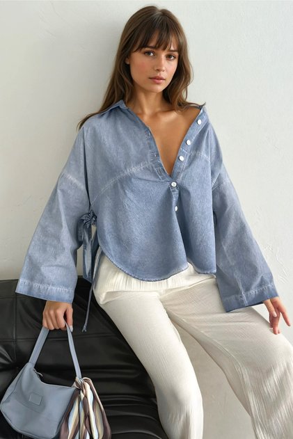 Women's Blue Loose 100% Cotton Oversize Washed Shirt with Bow Tie Detail on the Sides