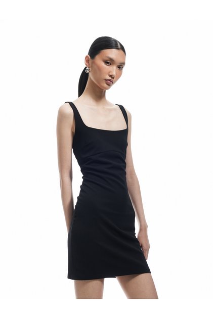 Kolsuz Slim Fit Kare Yaka Askılı Mini Elbise