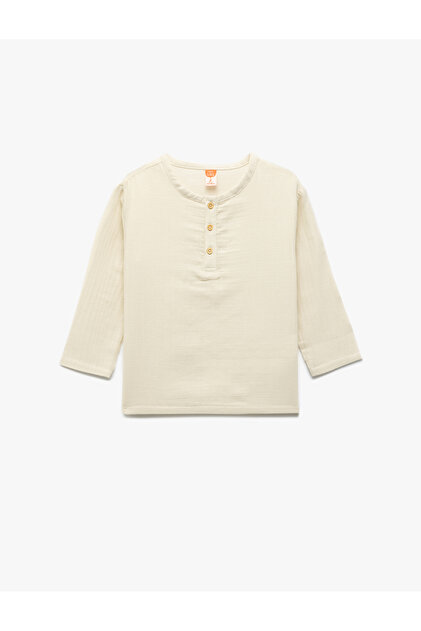 Short Sleeve Crew Neck Buttoned Cotton Muslin Shirt