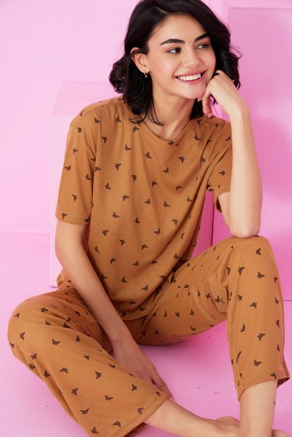 Coffee Butterfly Pattern Pointel Openwork/Hole Crew Neck Knitted Pajama Suit