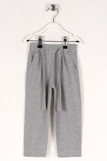 Plaid Patterned Girl's Gray Color Trousers with Belted Waistband