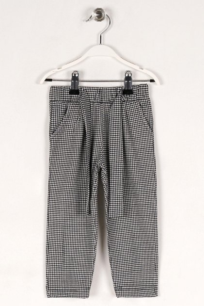 Plaid Patterned Black Girl's Trousers with Belted Waistband